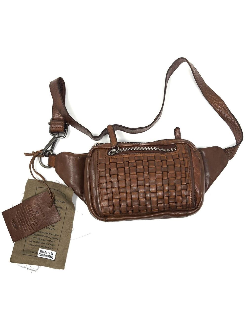 Vilenca Holland Woven Leather Belt Bag Fanny Hip Sack Pack Xbody Brown COGNAC